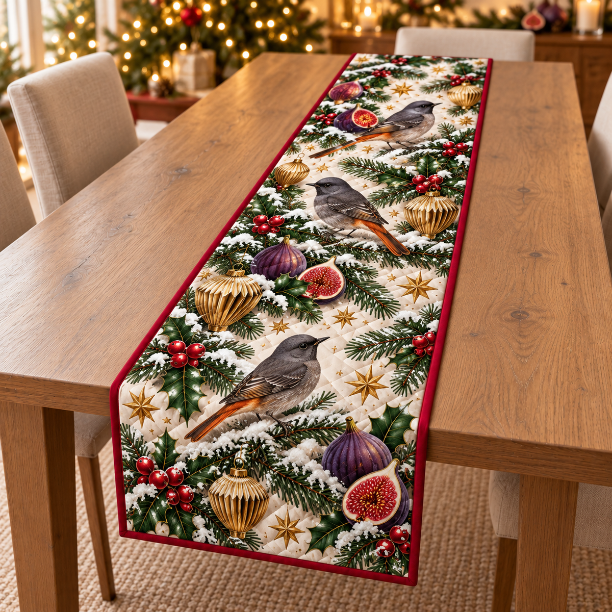 Redstart Fig Pleated Bauble printed Christmas quilted table runner; design mockup showing a flat printed depth effect.