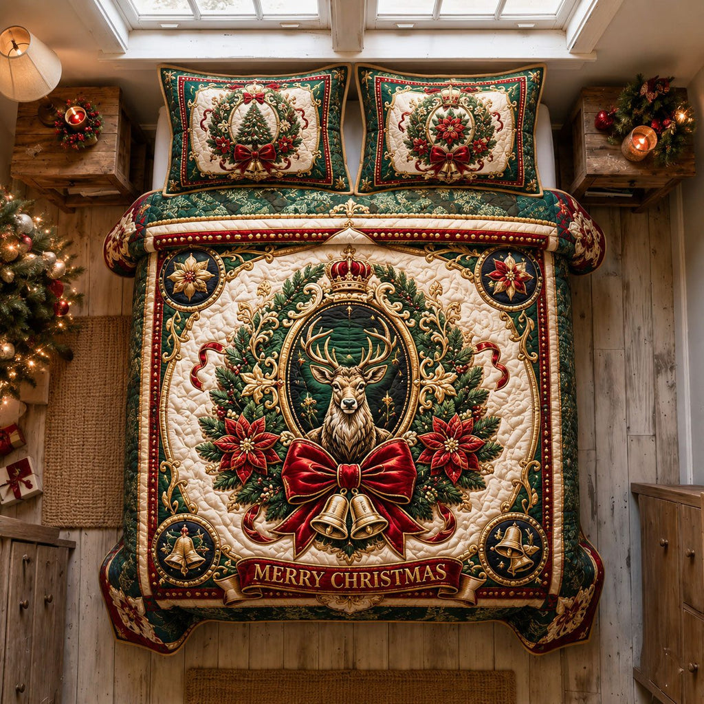 Regal Christmas Stag Wreath quilted 3-piece bedding set on a made bed in a winter-styled bedroom