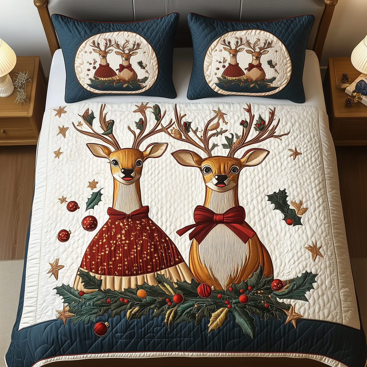 Reindeer Couple Sweaters quilted 3-piece bedding set on a made bed in a winter-styled bedroom