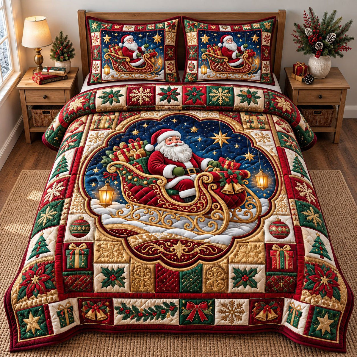 Reindeer Night Santa Claus quilted 3-piece bedding set on a made bed in a winter-styled bedroom