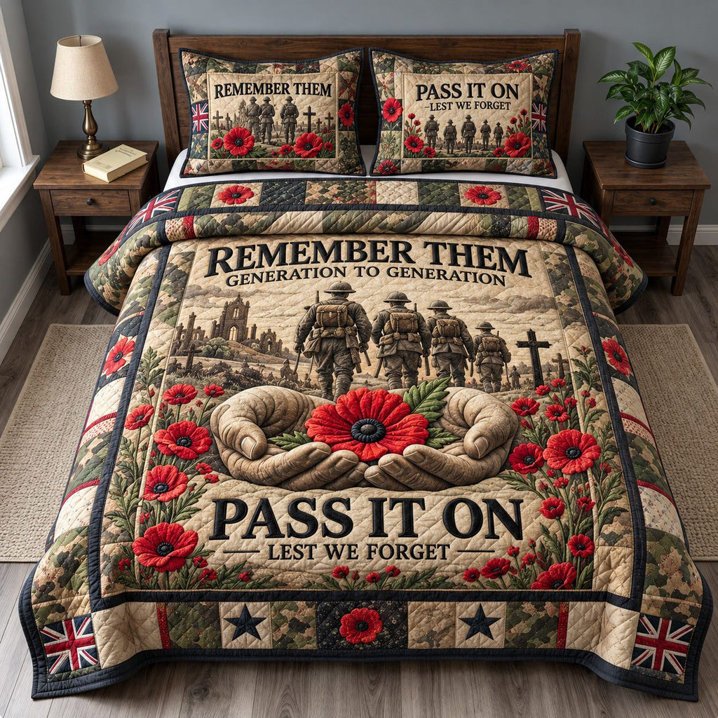 Remember Their Service quilted 3-piece bedding set on a made bed with two matching pillow shams