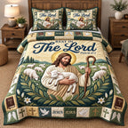 Rest In The Lord Good Shepherd quilted 3-piece bedding set on a made bed in a softly lit bedroom