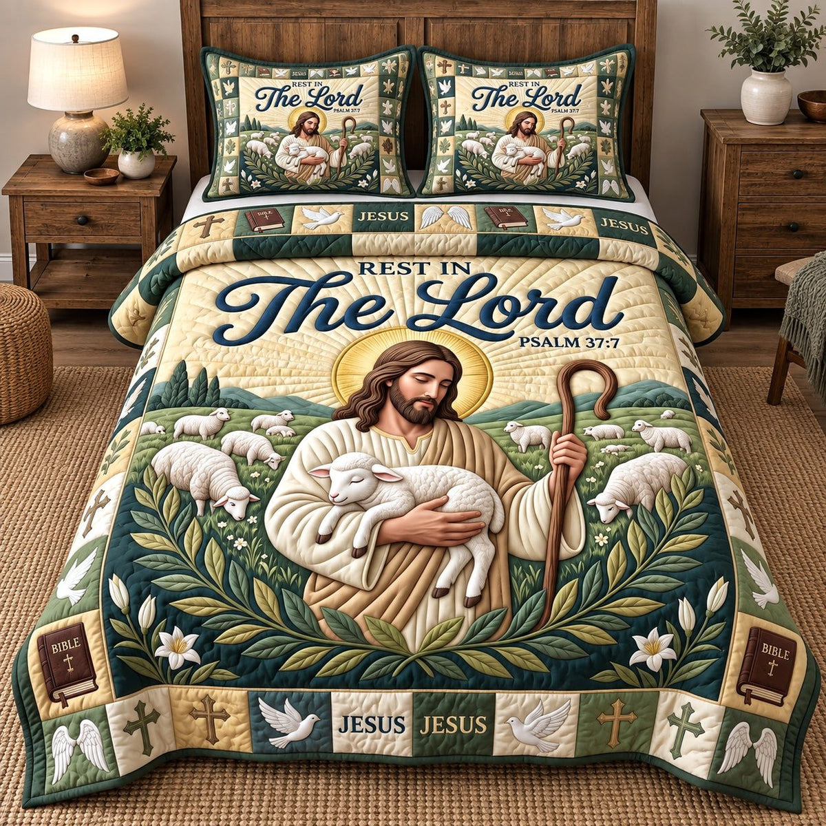 Rest In The Lord Good Shepherd quilted 3-piece bedding set on a made bed in a softly lit bedroom