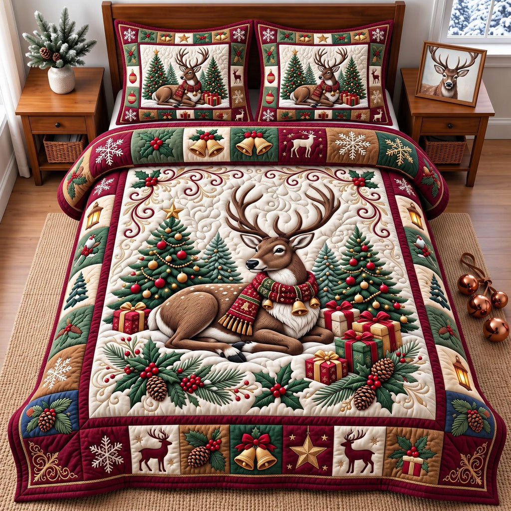 Resting Reindeer Gifts quilted 3-piece bedding set on a made bed in a winter-styled bedroom