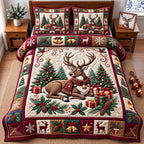 Resting Reindeer Gifts quilted 3-piece bedding set on a made bed in a winter-styled bedroom