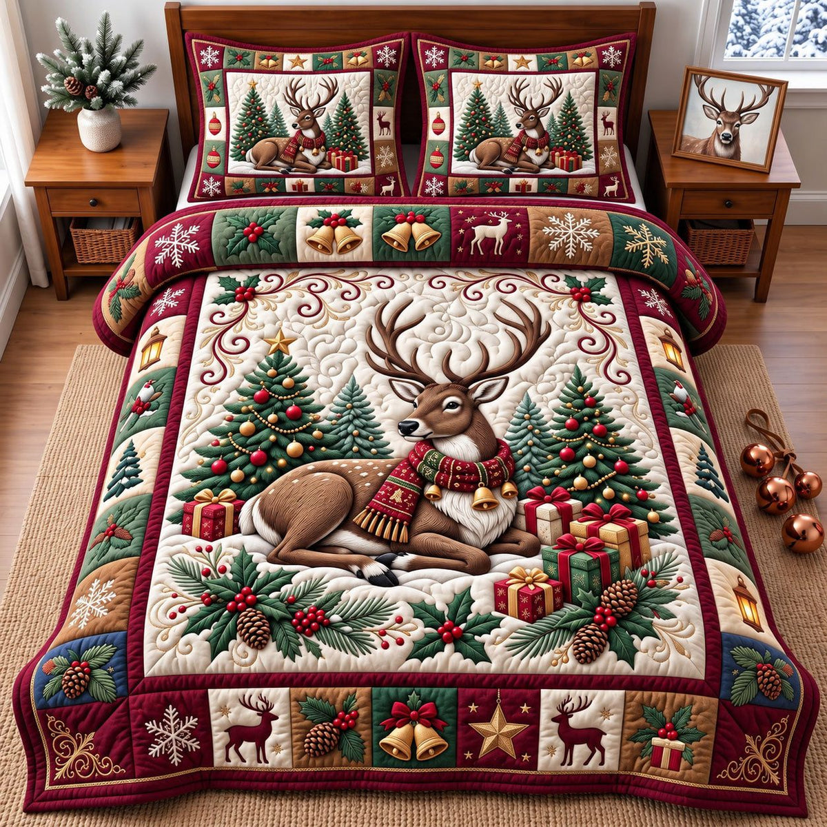 Resting Reindeer Gifts quilted 3-piece bedding set on a made bed in a winter-styled bedroom