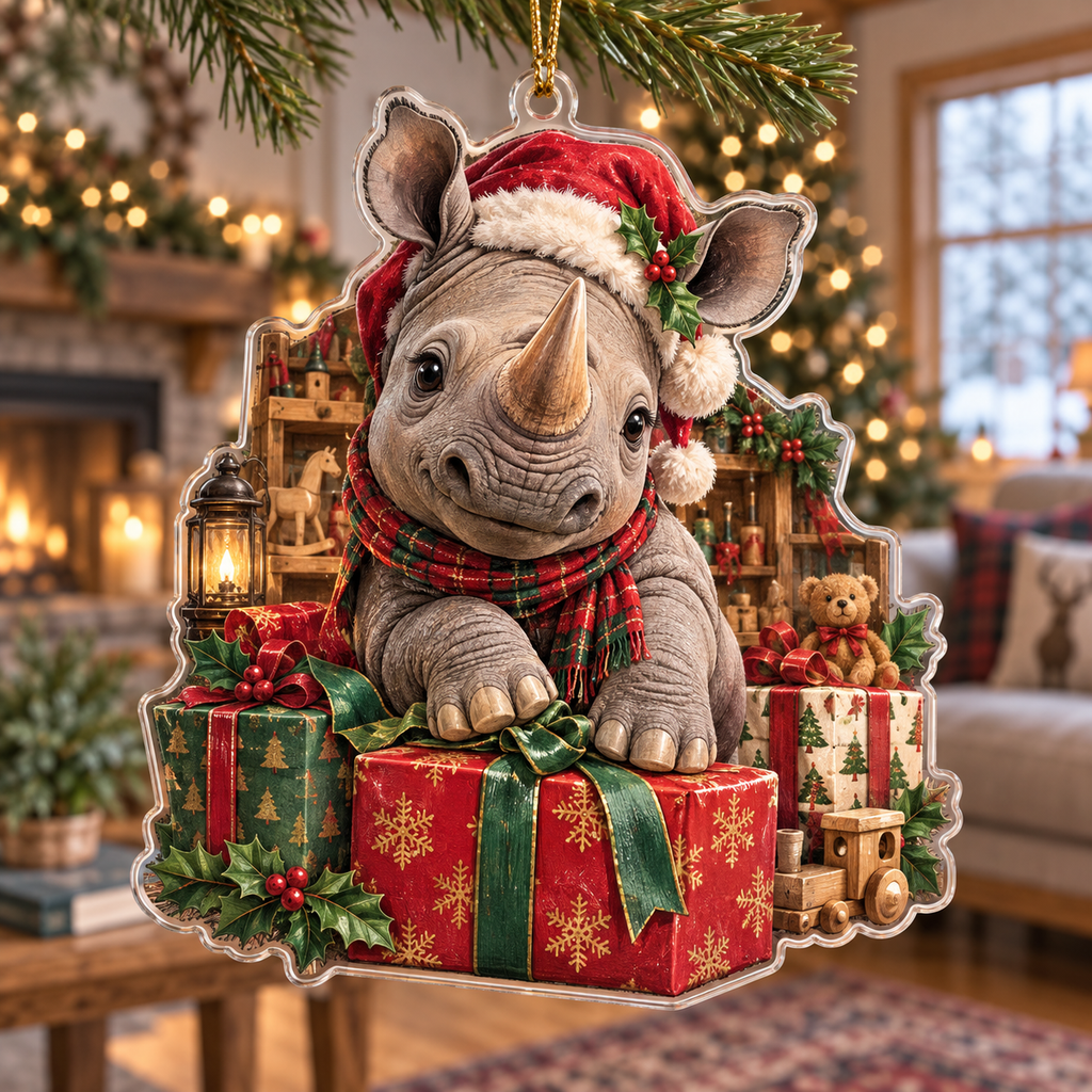 Rhinoceros Acrylic Christmas Ornament — digital product visualization