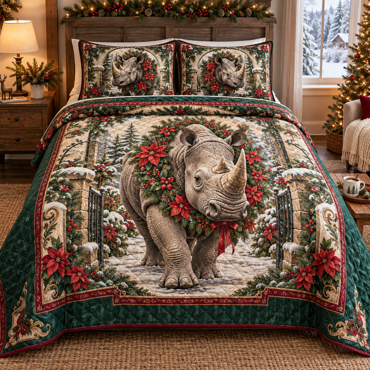 Rhinoceros Christmas 3-Piece Quilted Bedding Set — digital product visualization