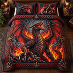 Rising Flames Inferno Dragon quilted 3-piece bedding set on a made bed with two matching pillow shams