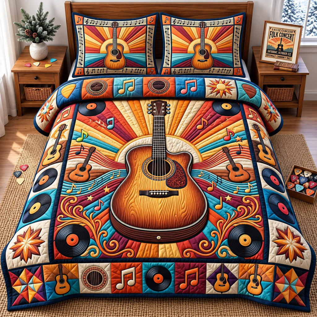 Rising Sun Acoustic Guitar quilted 3-piece bedding set on a made bed with two matching pillow shams