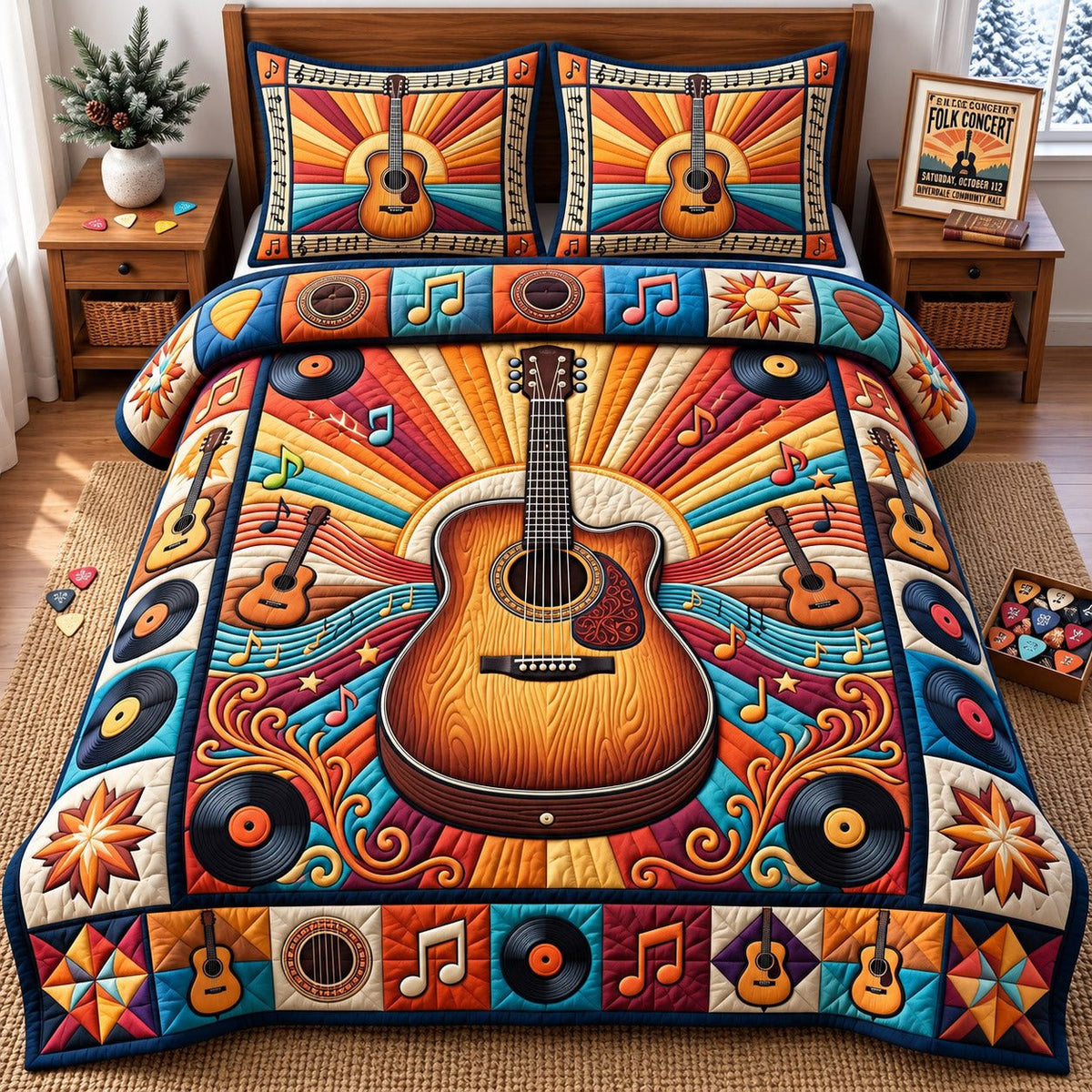 Rising Sun Acoustic Guitar quilted 3-piece bedding set on a made bed with two matching pillow shams