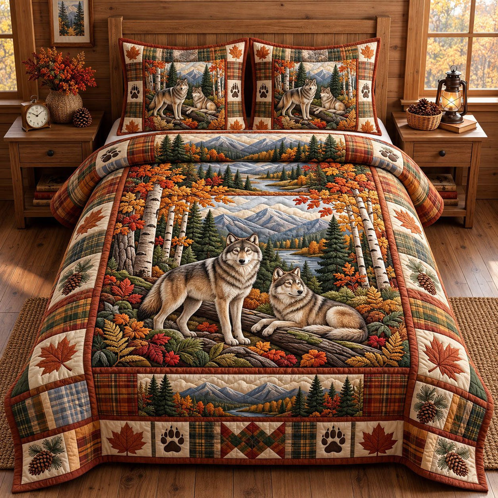 River Bank Resting Wolf quilted 3-piece bedding set on a made bed with two matching pillow shams