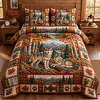 River Bank Resting Wolf quilted 3-piece bedding set on a made bed with two matching pillow shams