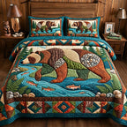 River Bear Adventure quilted 3-piece bedding set on a made bed in a winter-styled bedroom