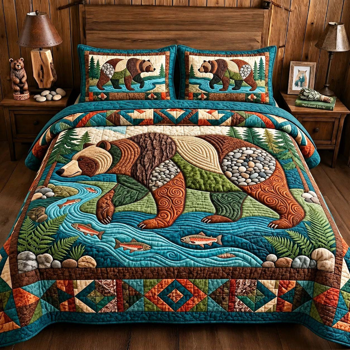 River Bear Adventure quilted 3-piece bedding set on a made bed in a winter-styled bedroom