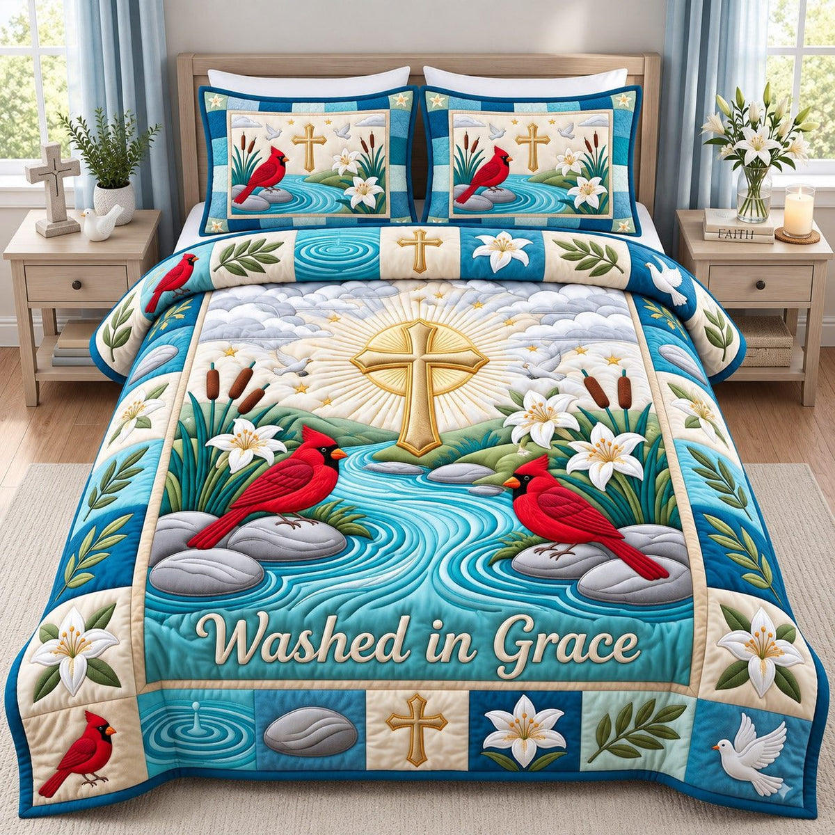 River Cardinals Washed In Grace quilted 3-piece bedding set on a made bed with two matching pillow shams