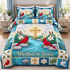 River Cardinals Washed In Grace quilted 3-piece bedding set on a made bed with two matching pillow shams