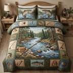 River Catch Set quilted 3-piece bedding set on a made bed with two matching pillow shams