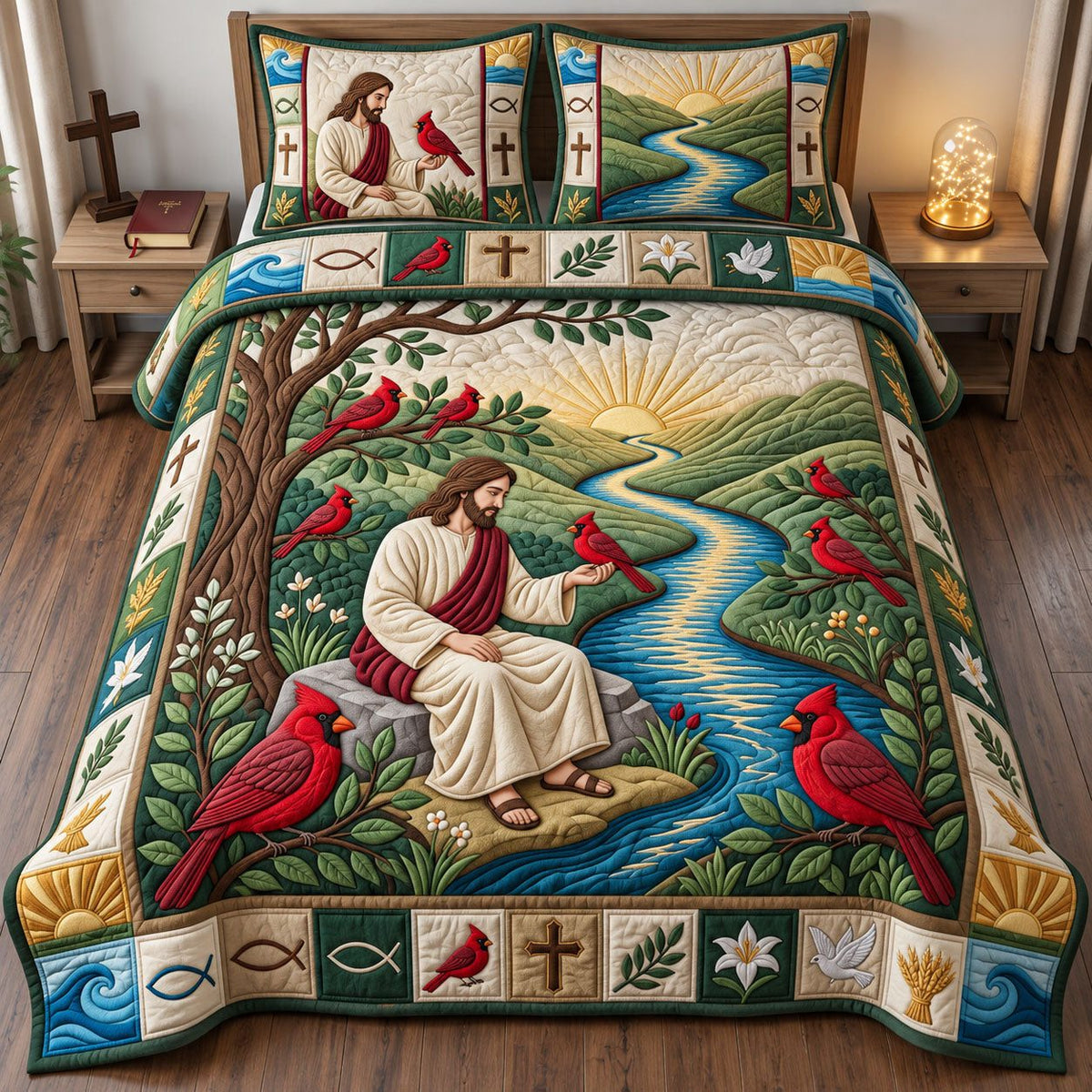 Riverside Cardinals Of Hope quilted 3-piece bedding set on a made bed with two matching pillow shams