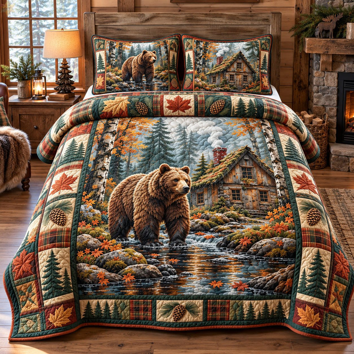 Riverside Rustic Bear Cabin quilted 3-piece bedding set on a made bed in a farmhouse bedroom