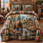 Riverside Rustic Bear Cabin quilted 3-piece bedding set on a made bed in a farmhouse bedroom