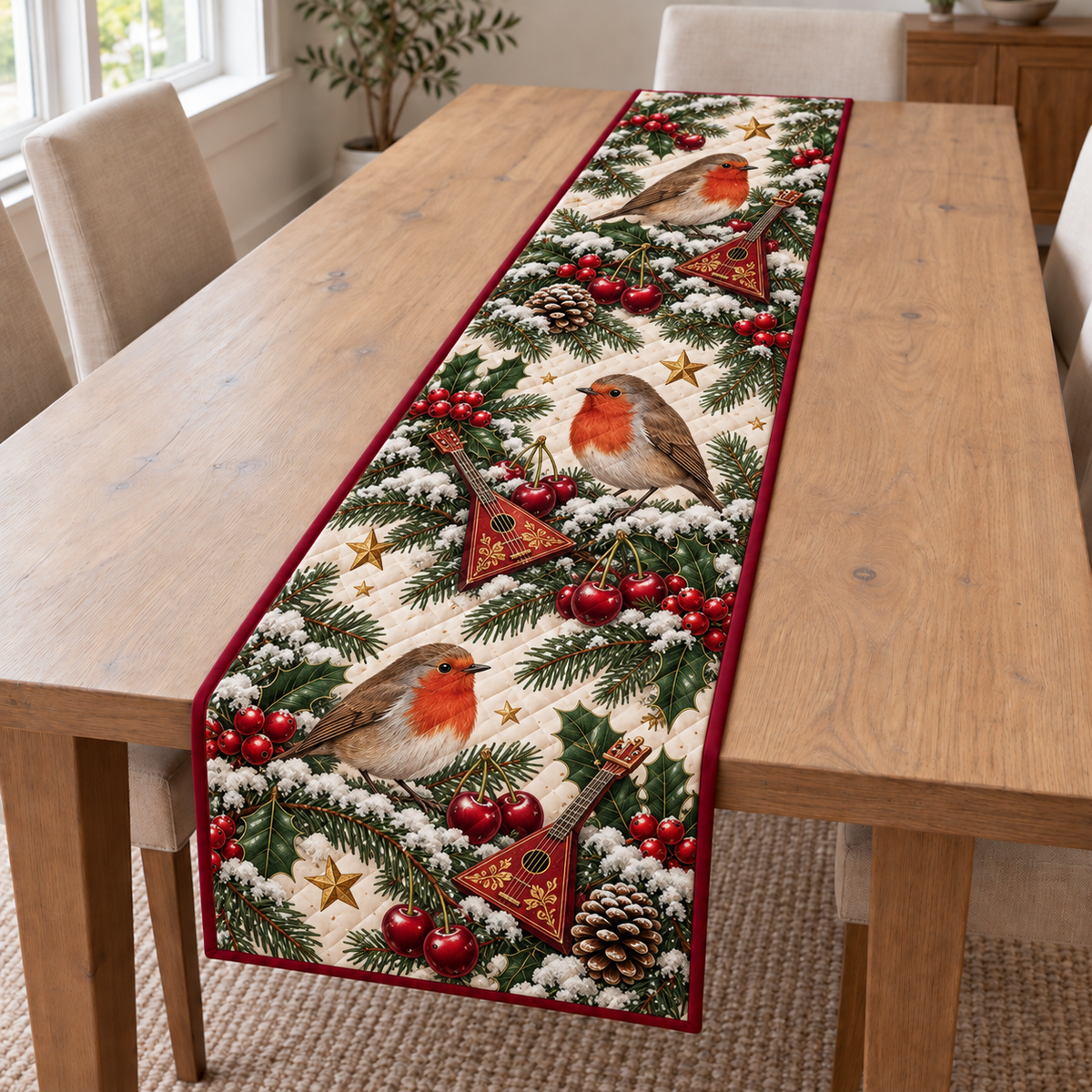 Robin Cherry Toy Balalaika printed Christmas quilted table runner; design mockup showing a flat printed depth effect.