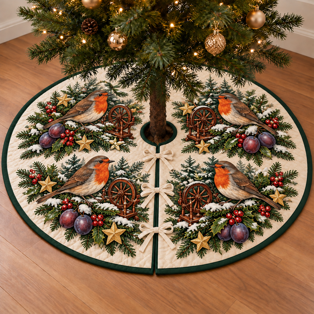 Robin Plum Toy Spinning Wheel printed Christmas circular tree skirt; design mockup showing a flat printed depth effect.