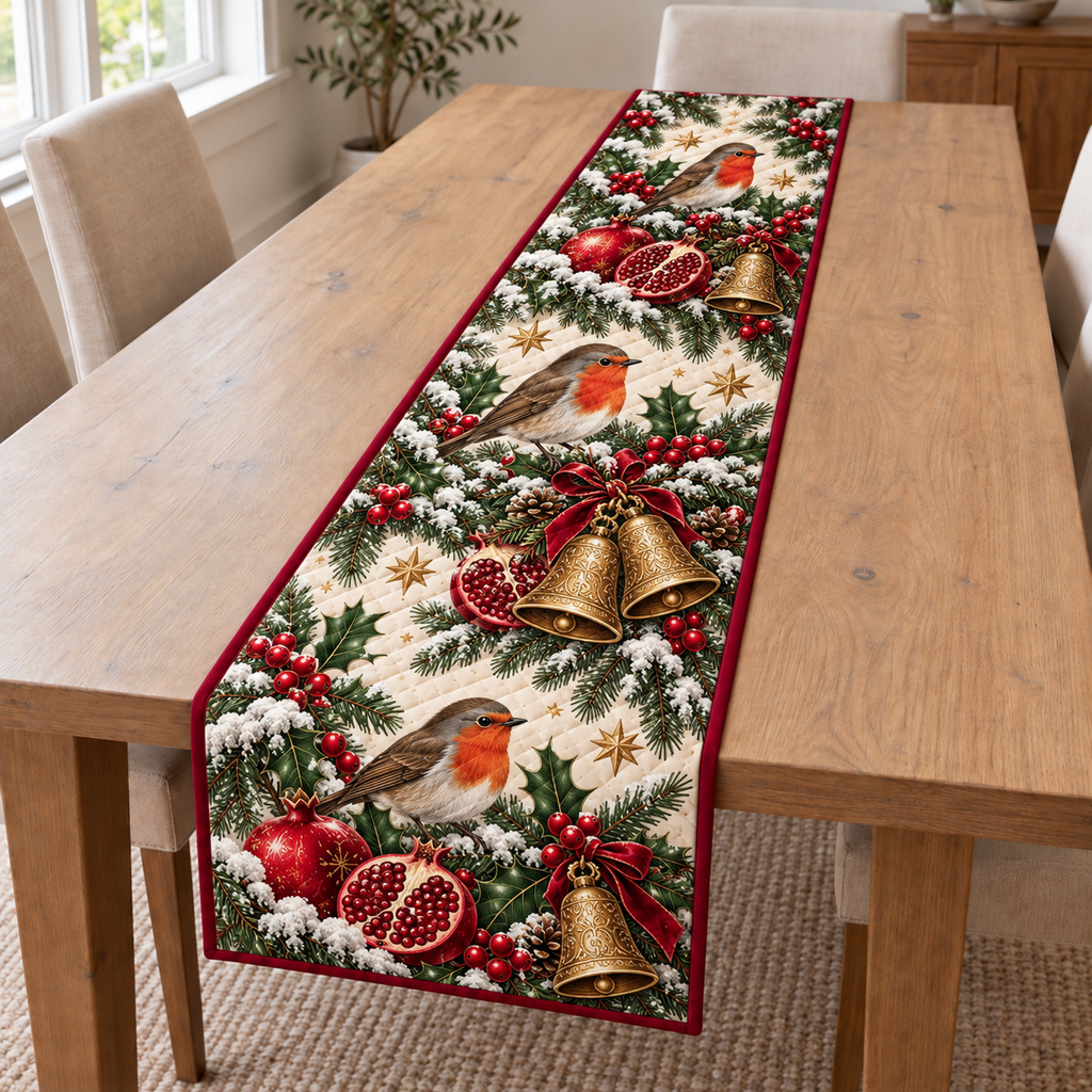 Robin Pomegranate Toy Bell printed Christmas quilted table runner; design mockup showing a flat printed depth effect.
