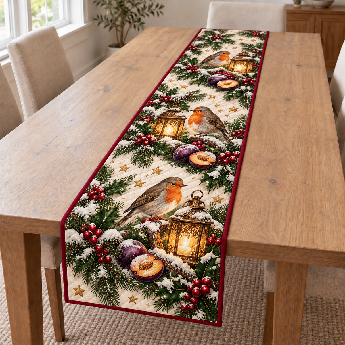 Three robins beside amber lanterns and purple plums on an ivory quilted Christmas runner with cranberry binding; design mockup.