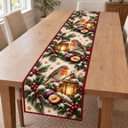 Three robins beside amber lanterns and purple plums on an ivory quilted Christmas runner with cranberry binding; design mockup.