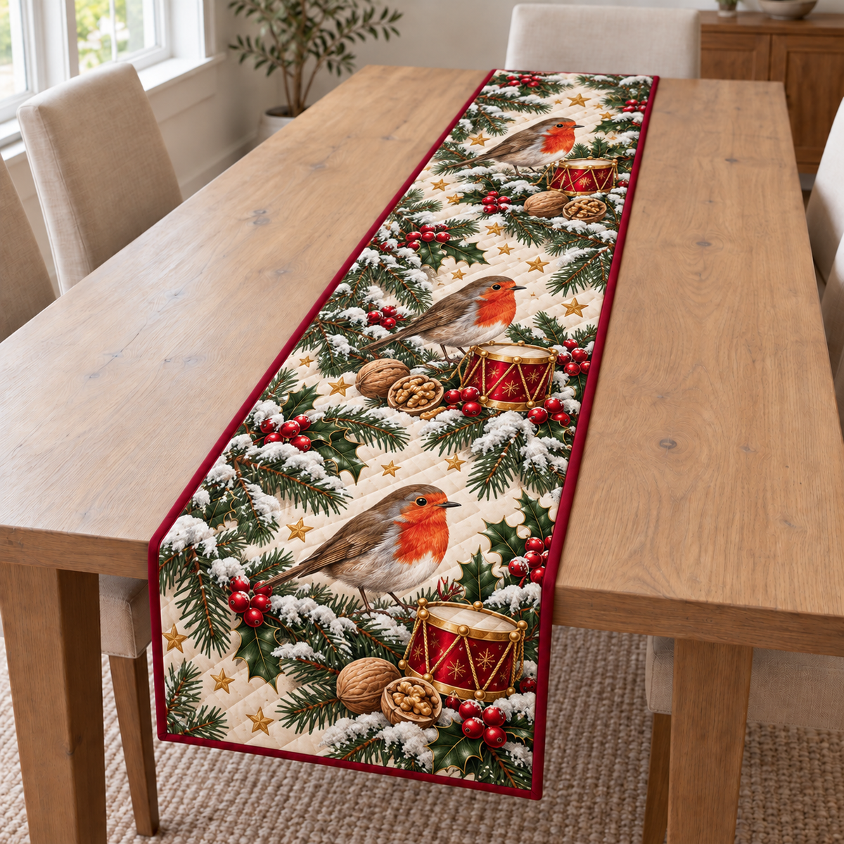 Robin Walnut Toy Drum printed Christmas quilted table runner; design mockup showing a flat printed depth effect.
