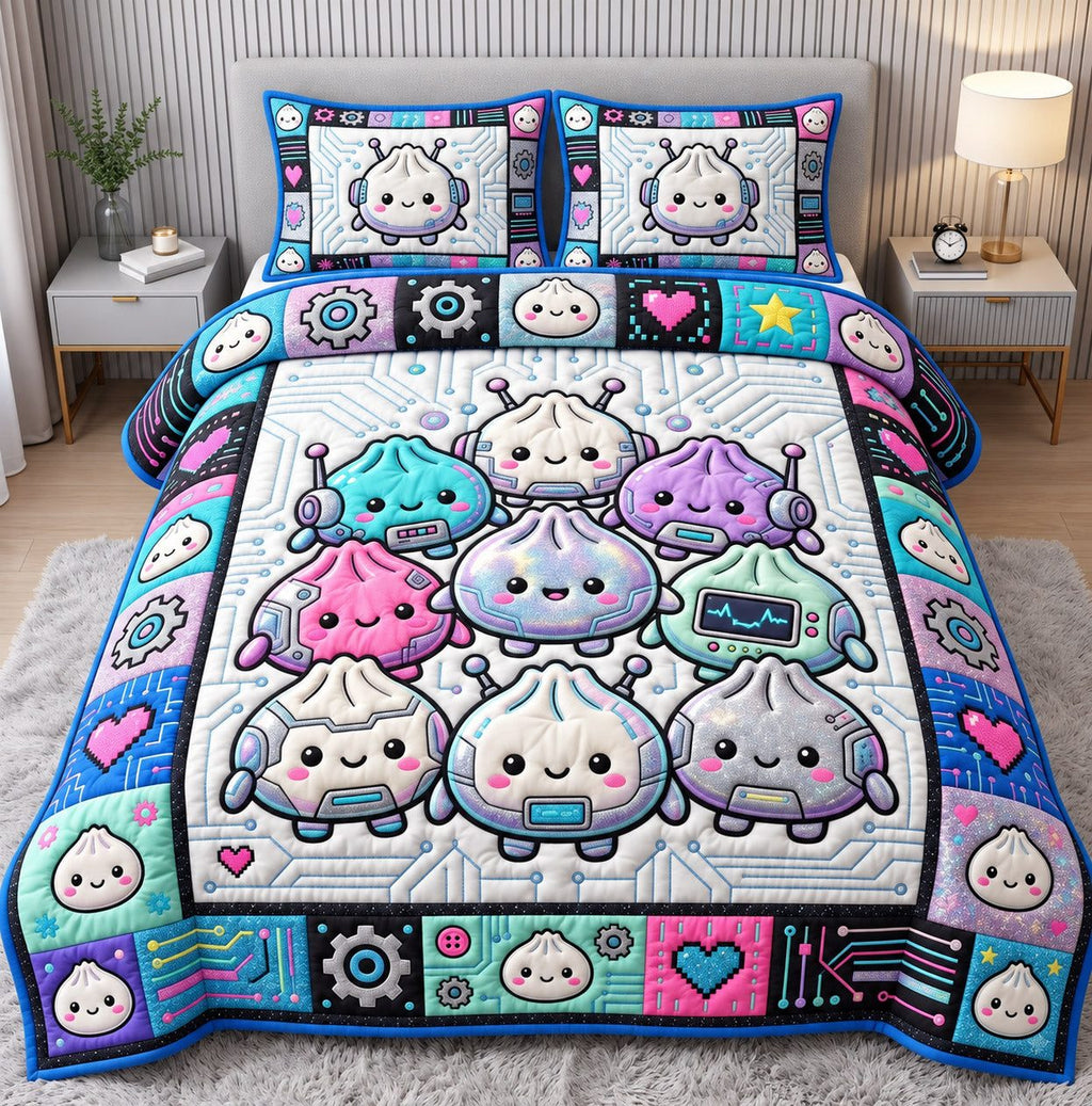 Robot Friends Dumplings quilted 3-piece bedding set on a made bed with two matching pillow shams