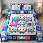 Robot Friends Dumplings quilted 3-piece bedding set on a made bed with two matching pillow shams
