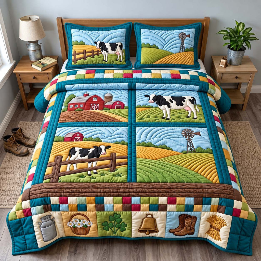 Rolling Farm Fields quilted 3-piece bedding set on a made bed with two matching pillow shams