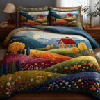Rolling Heaven Farm quilted 3-piece bedding set on a made bed in a softly lit bedroom