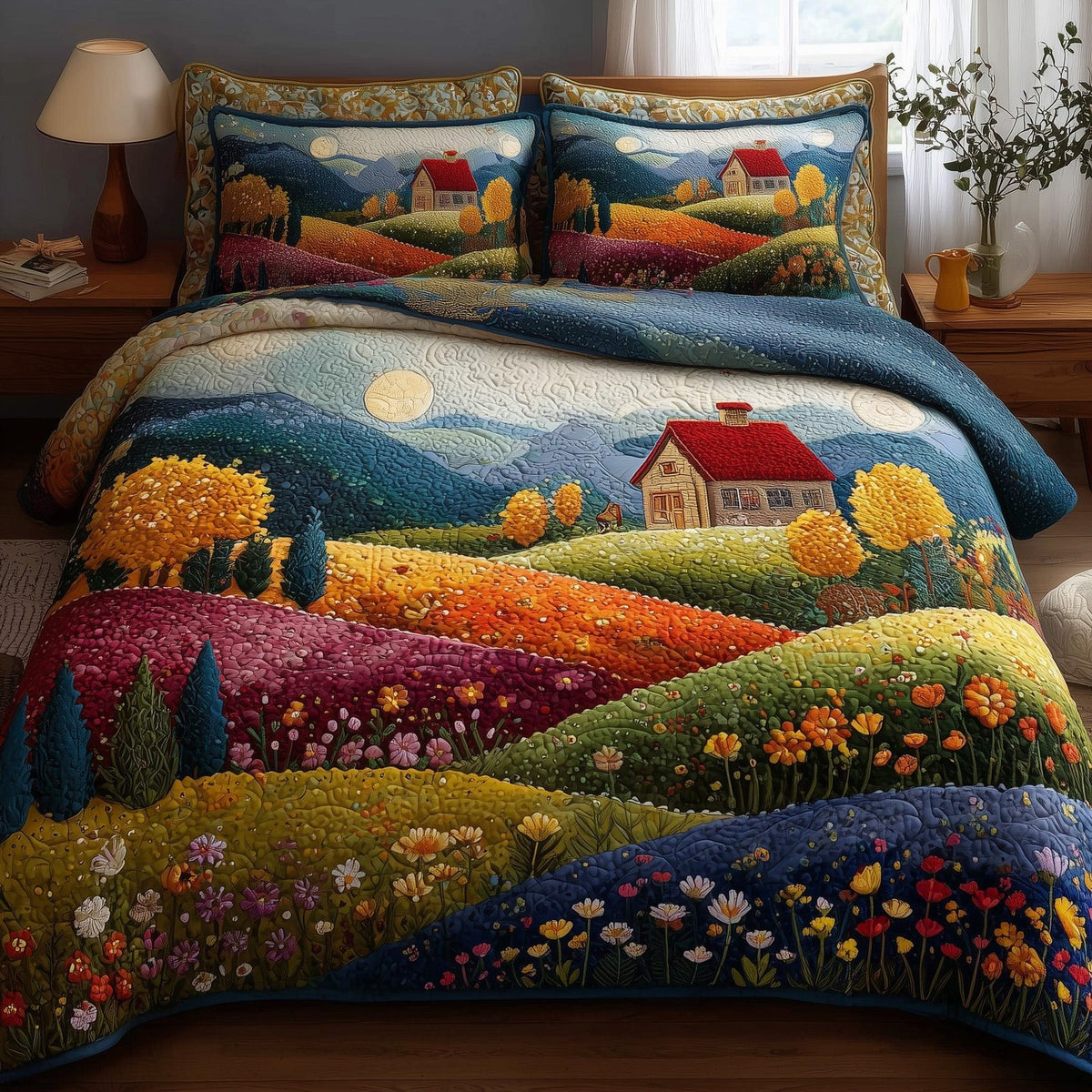 Rolling Heaven Farm quilted 3-piece bedding set on a made bed in a softly lit bedroom