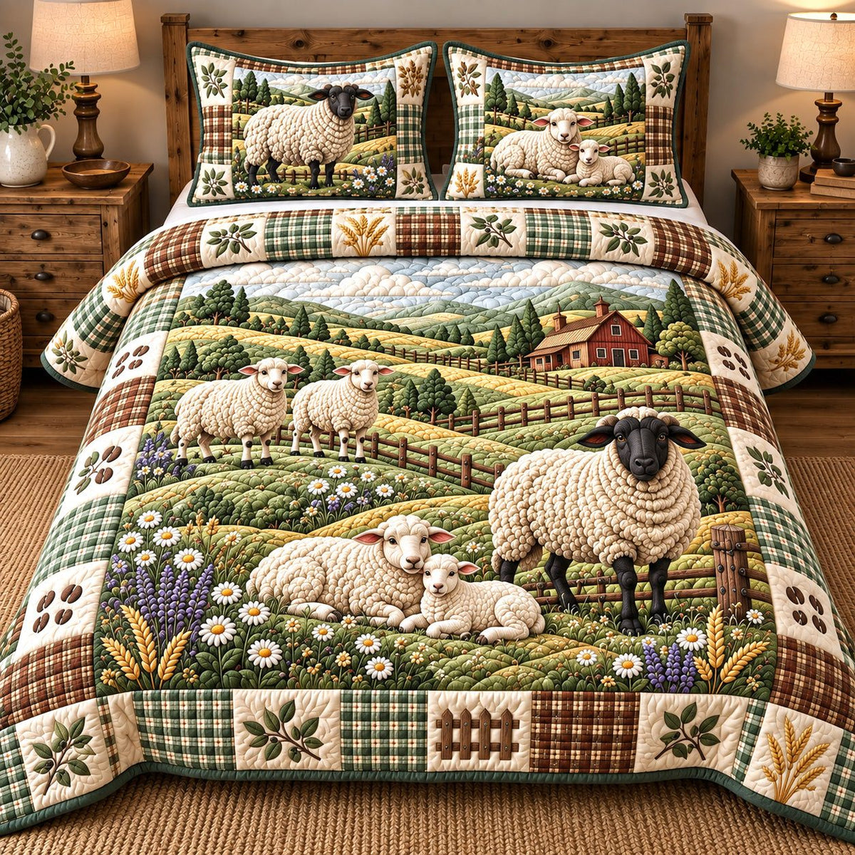 Rolling Meadow Woolies quilted 3-piece bedding set on a made bed with two matching pillow shams