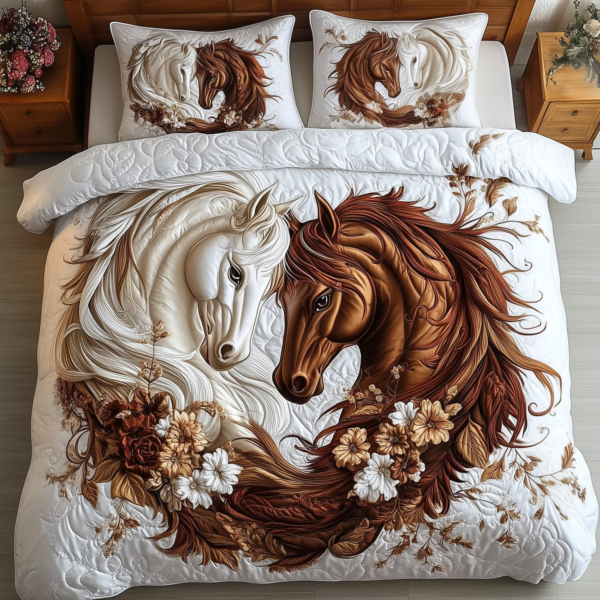 Romantic Horse Couple Cream quilted 3-piece bedding set on a made bed in a rustic timber bedroom