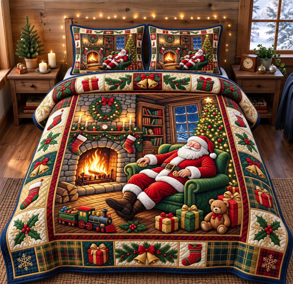 Rooftop Chimney Santa Claus quilted 3-piece bedding set on a made bed in a winter-styled bedroom