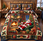 Rooftop Chimney Santa Claus quilted 3-piece bedding set on a made bed in a winter-styled bedroom