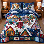 Rooftop Gnome Christmas Village quilted 3-piece bedding set on a made bed in a winter-styled bedroom