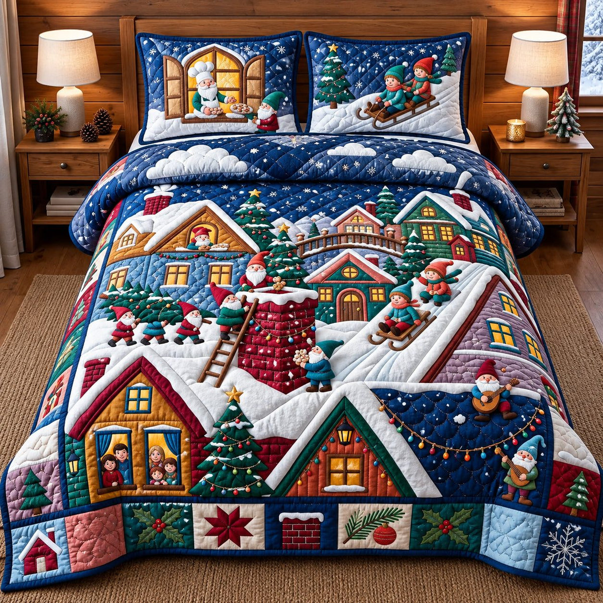 Rooftop Gnome Christmas Village quilted 3-piece bedding set on a made bed in a winter-styled bedroom