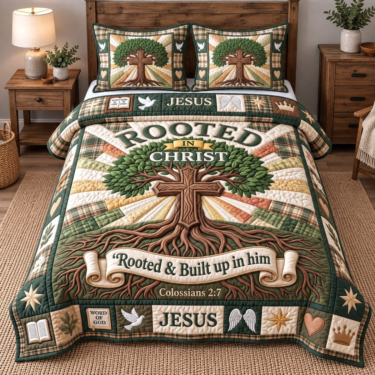 Rooted In Christ quilted 3-piece bedding set on a made bed in a softly lit bedroom