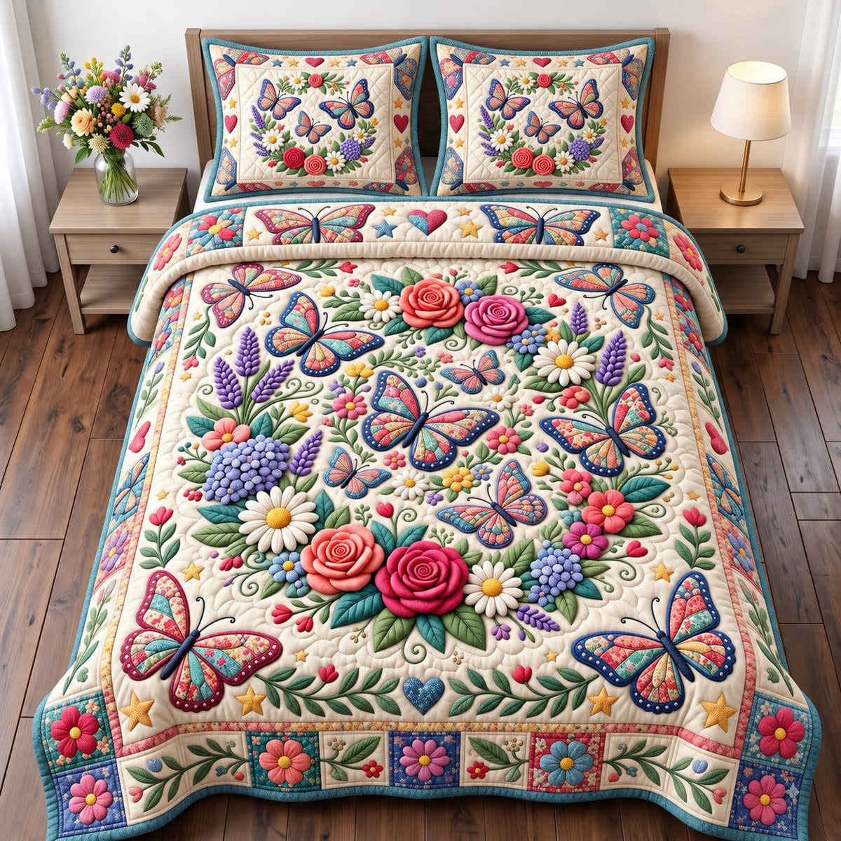 Rose And Daisy Patchwork Butterfly quilted 3-piece bedding set on a made bed in a farmhouse bedroom