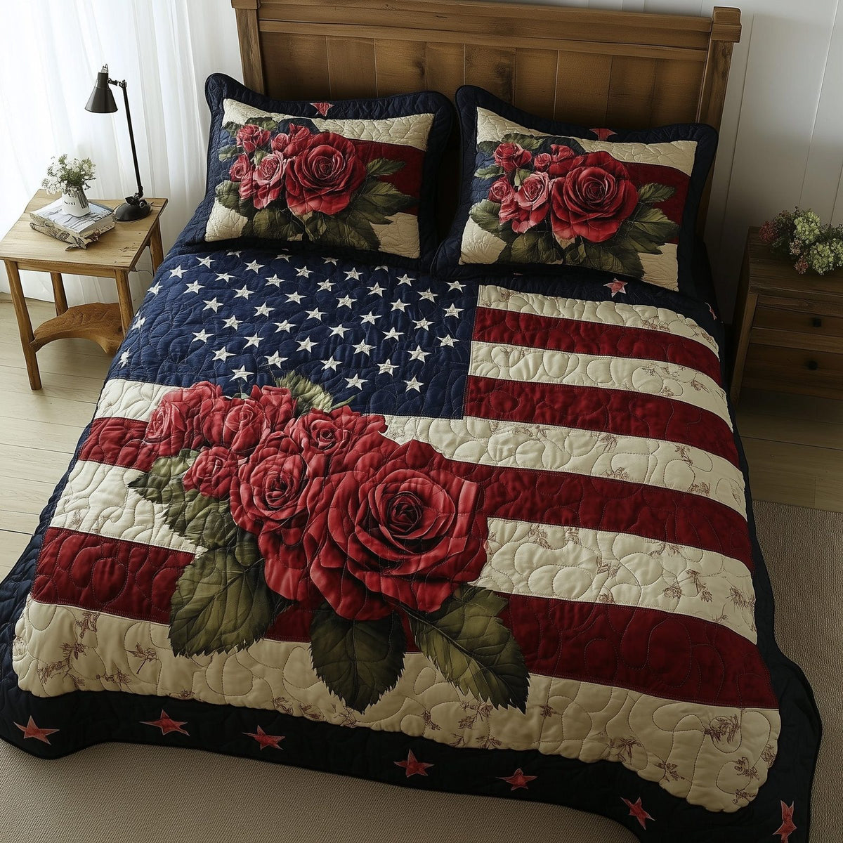 Rose And Glory Red quilted 3-piece bedding set on a made bed with two matching pillow shams