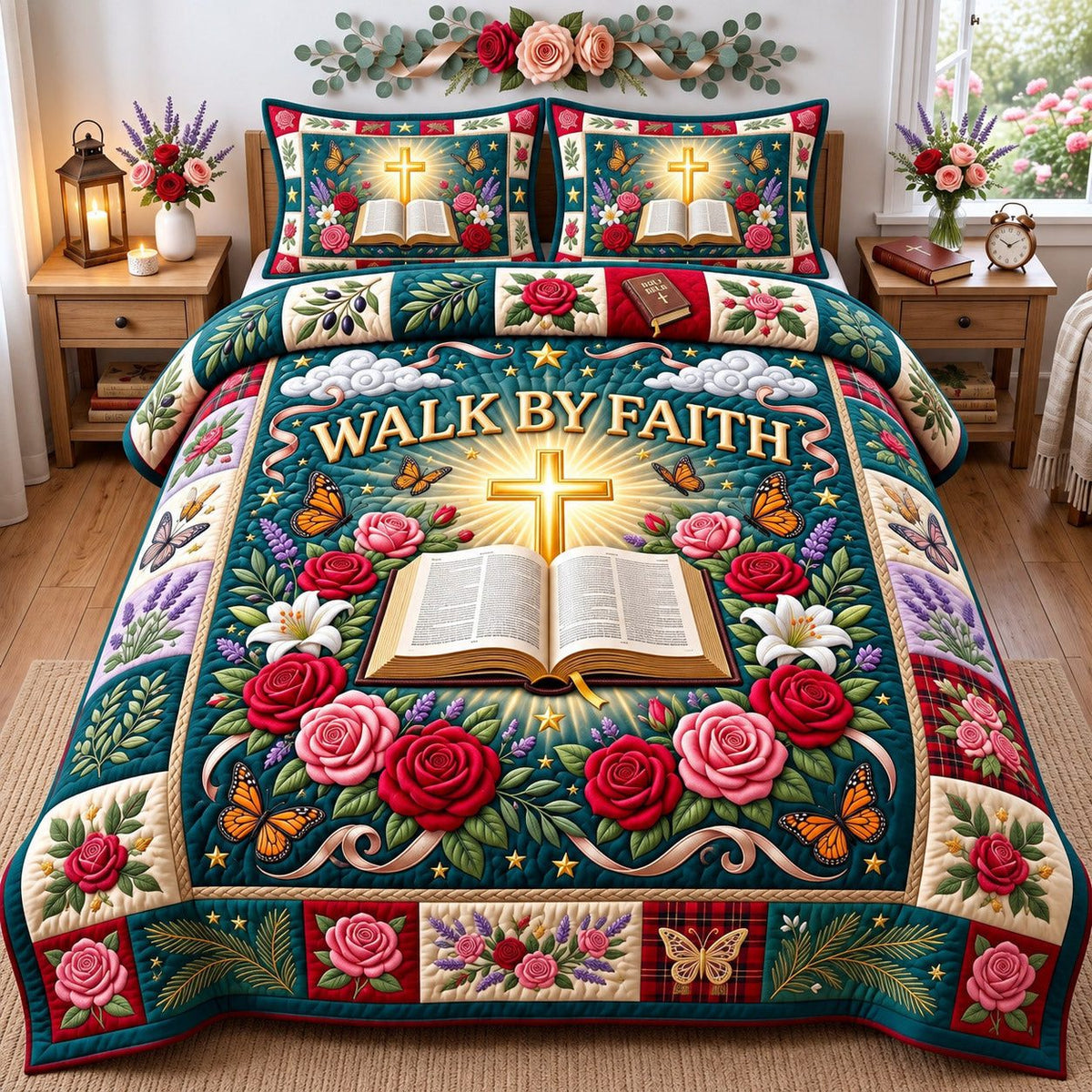 Rose Bible Walk By Faith quilted 3-piece bedding set on a made bed in a softly lit bedroom