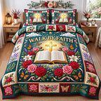 Rose Bible Walk By Faith quilted 3-piece bedding set on a made bed in a softly lit bedroom