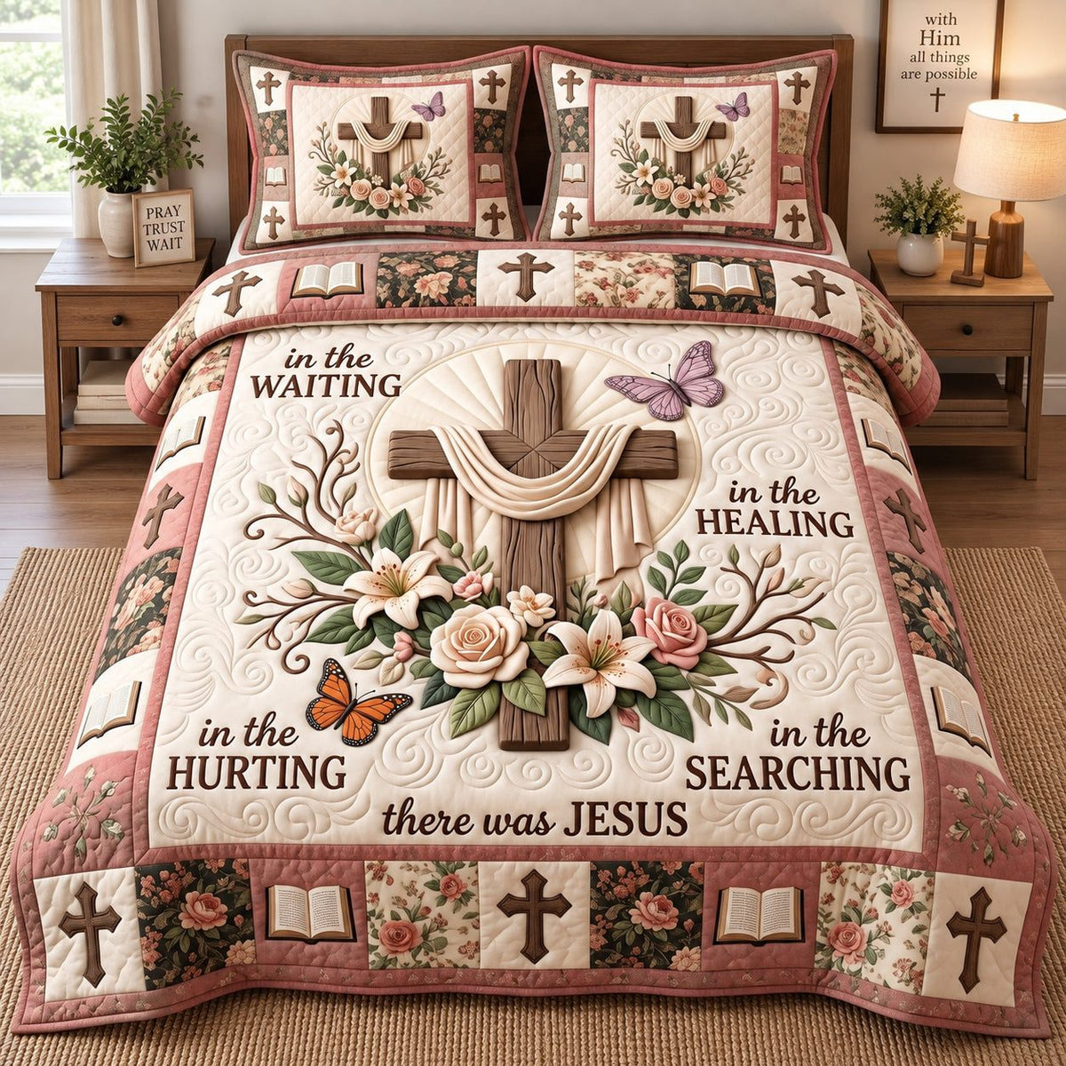 Rose Butterfly Cross quilted 3-piece bedding set on a made bed in a softly lit bedroom