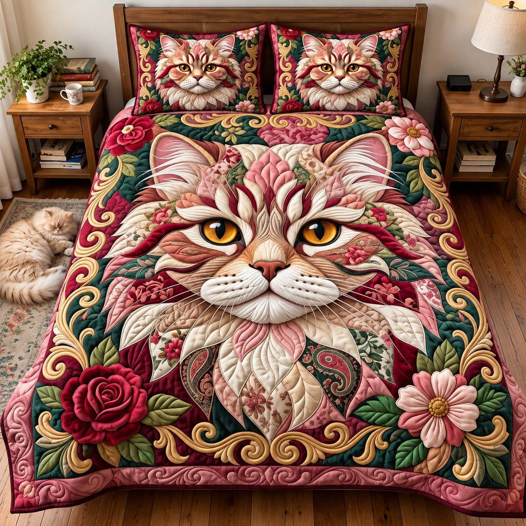 Rose Garden Cat quilted 3-piece bedding set on a made bed with two matching pillow shams