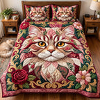 Rose Garden Cat quilted 3-piece bedding set on a made bed with two matching pillow shams